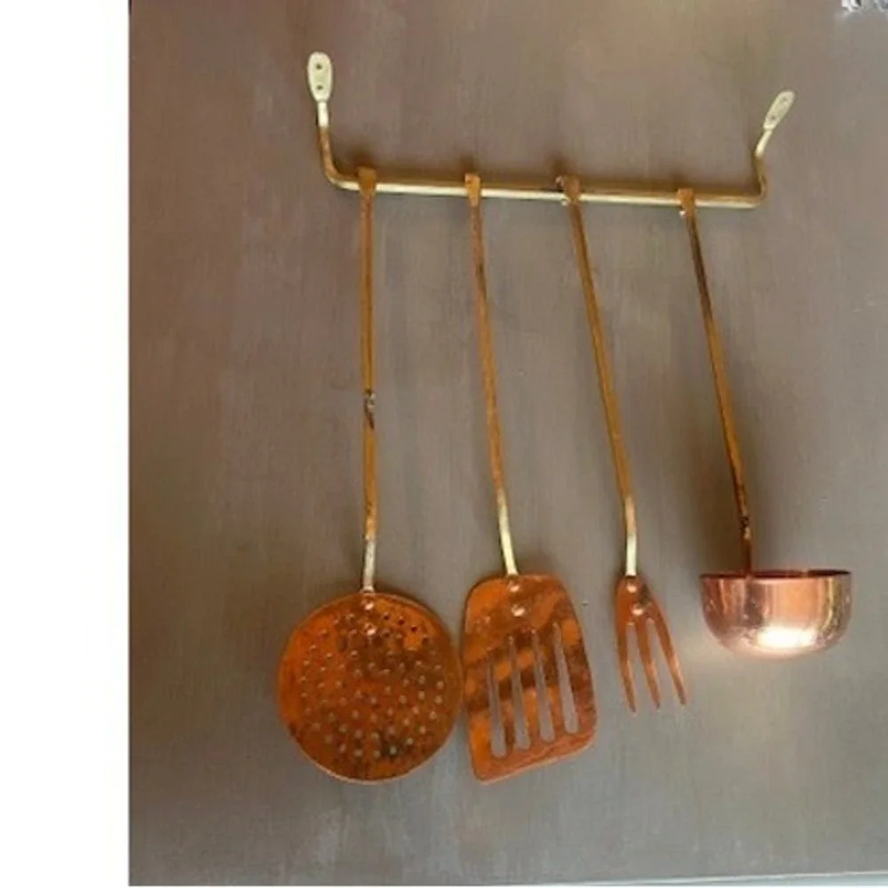 Vintage Copper Brass Kitchen Utensil Set 5pc Korea Patina Rustic Wall Rack